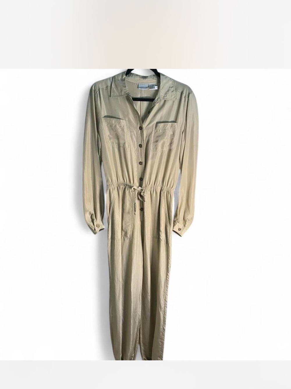 Long Sleeve Drawstring Utility Jumpsuit in light green  100%Silk size L